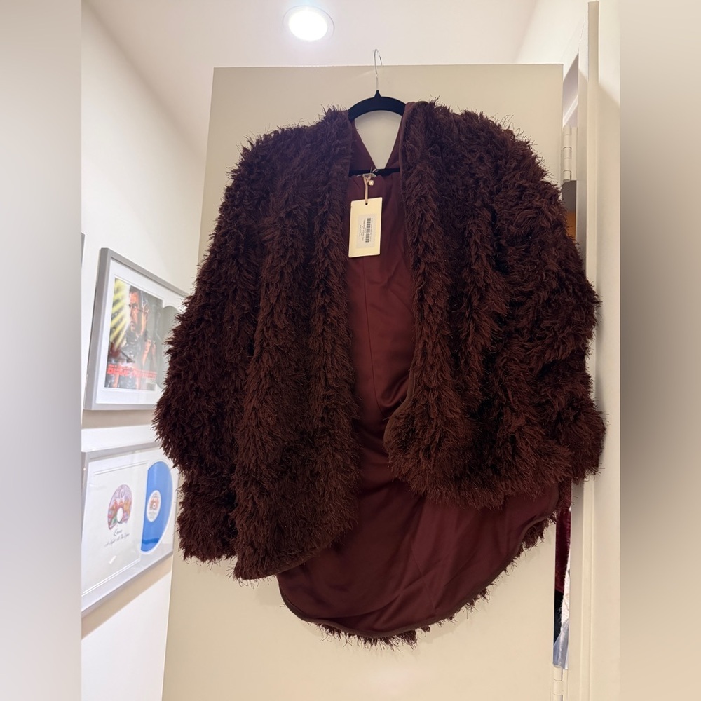 NWT JOYFOLIE MIA Joy Burgundy Red Oversized Faux Fur Cardigan with Hoodie